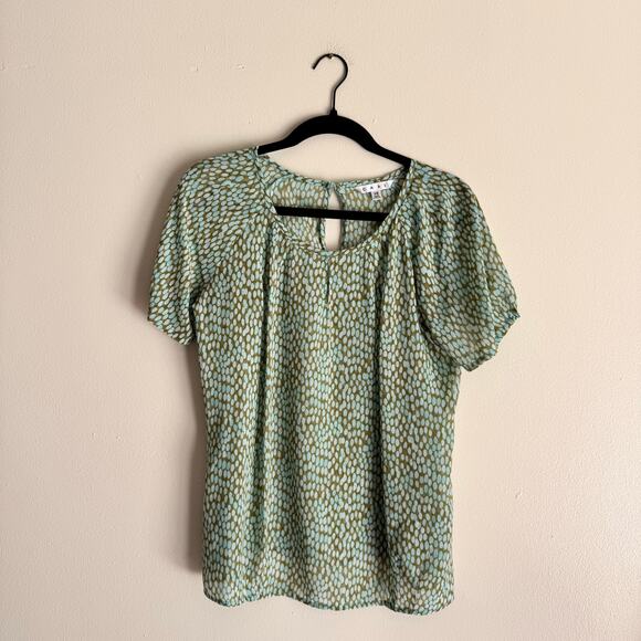 CAbi Tops - Cabi Blue Green Polka Dot Pebble Keyhole Short Sleeve Blouse - XS
